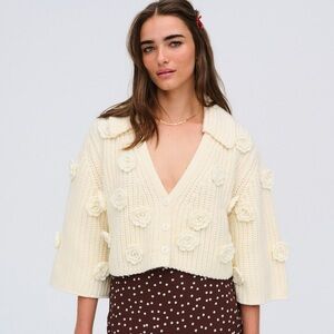 🌼 For Love & Lemons Ivy Cardigan in Cream Ivory Off-White w/ 3D Flowers